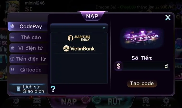 Giao diện nạp tiền 789Club